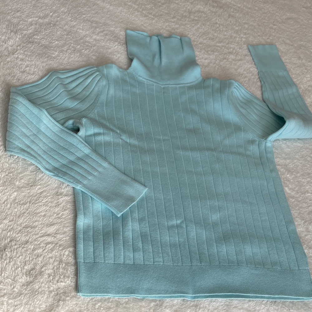 Talbots Sky Blue Ribbed Turtleneck Sweater with cute sleeve detail